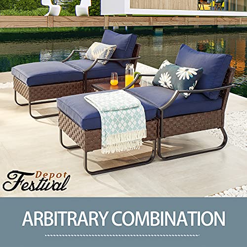 Festival Depot Outdoor Ottoman Patio Bistro Furniture Footstool Foot Rest with All-Weather Premium Fabric Soft Blue Cushion Brown Wicker Rattan and U Shaped Slatted Steel Legs for Garden Yard Lawn
