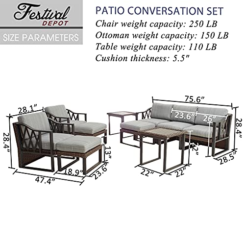 Festival Depot 10Pc Outdoor Furniture Patio Conversation Set Sectional Sofa Chairs All Weather Wicker Ottoman Metal Frame Square Slatted Coffee Table with Thick Grey Seat Back Cushions Without Pillows