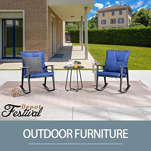 Deluxe 3 Piece Blue PE Wicker Rocking Chair Bistro Set with Cushions and Metal Coffee Table