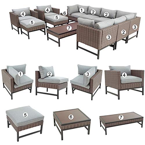 Festival Depot 12 Pieces Patio Conversation Set Outdoor Furniture Combination Sectional Sofa All-Weather Wicker Metal Chairs with Seating Back Cushions Side Coffee Table Ottoman, Gray