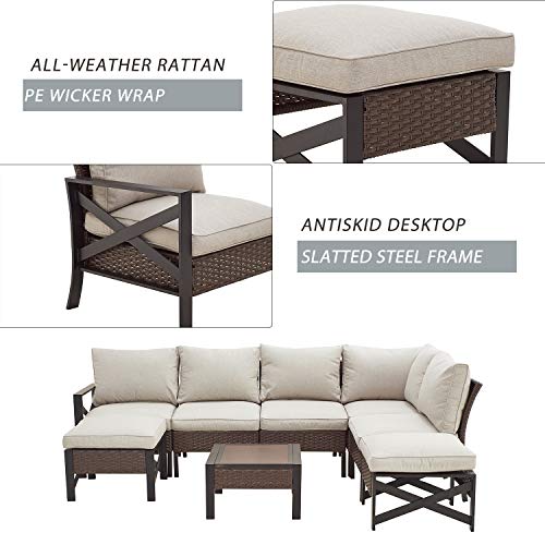 Festival Depot 8 Pcs Patio Outdoor Furniture Conversation Set Sectional Corner Sofa with All-Weather Brown PE Rattan Wicker Back Chair, Ottoman, Coffee Table and Thick Removable Couch Cushions