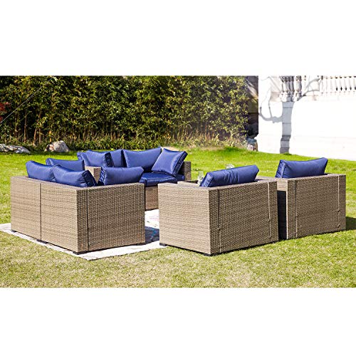 Festival Depot 7 Pieces Patio Furniture Outdoor Conversation Set Sectional Wicker Sofa Set with Removable Seat Cushions and Coffee Table with Tempered Glass for Garden Deck Porch Lawn Balcony, Blue