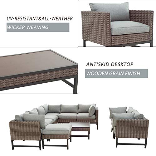 Festival Depot 10 Pieces Patio Conversation Set Outdoor Furniture Combination Sectional Corner Sofa Set All-Weather Woven Wicker Metal Chairs with Seating Back Cushions Side Coffee Table Ottoman, Gray