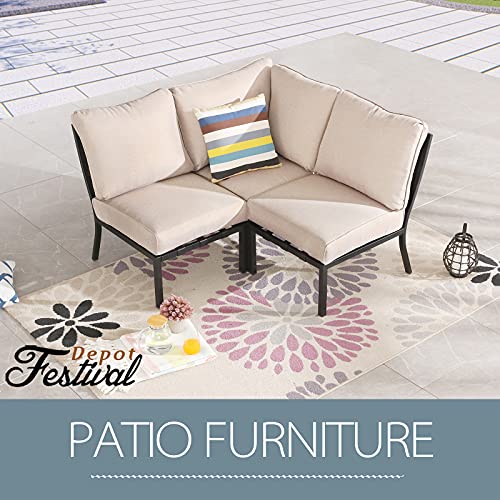 Festival Depot 3 Pieces Patio Conversation Set Sectional Corner Chair with Thick Cushions All Weather Metal Outdoor Furniture for Deck Porch Garden, Beige