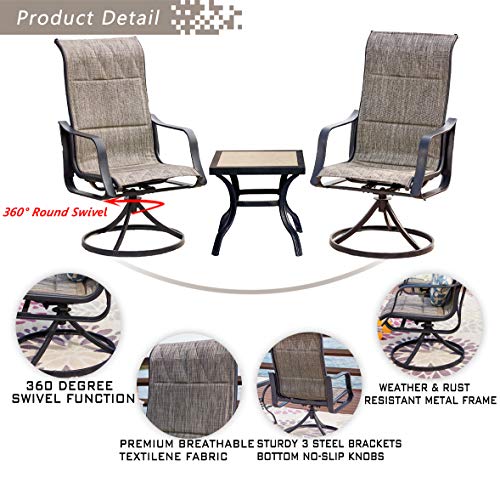 Festival Depot 3 PC Bistro Outdoor Patio Dining 360¡Swivel Chairs Set Furniture Rockers Armrest Chair Square Metal Steel Frame Coffee Table for Deck Garden Pool