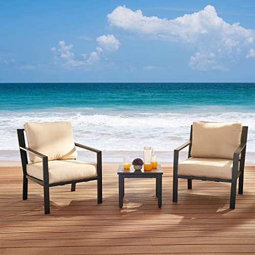 Festival Depot 3 Pieces Patio Outdoor Bistro Set Armrest Sofa Chairs with Seating Back Cushions Metal Side Coffee Table Garden