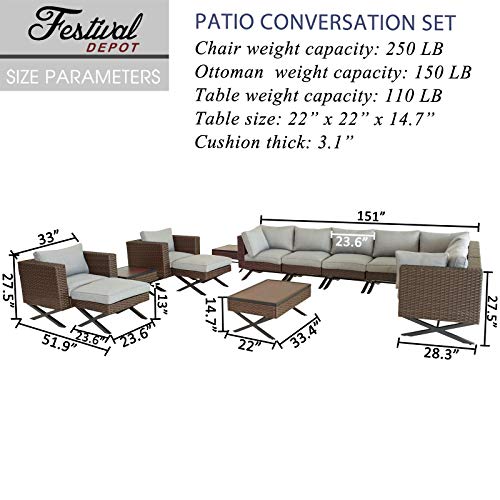 Festival Depot 14pcs Outdoor Furniture Patio Conversation Set Sectional Corner Sofa Chairs with X Shape Metal Leg All Weather Brown Rattan Wicker Ottoman Side Coffee Table with Grey Seat Back Cushions
