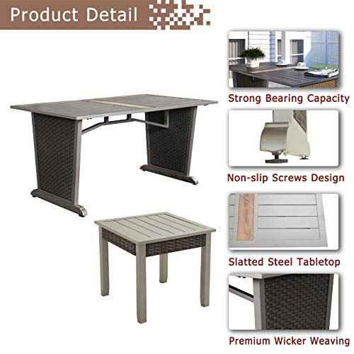 Festival Depot 6pcs Patio Conversation Set Metal Armchair Wicker 3-Seater Sofa All Weather Rattan Loveseat with Grey Thick Cushions Dining and Side Table Outdoor Furniture for Deck Poolside