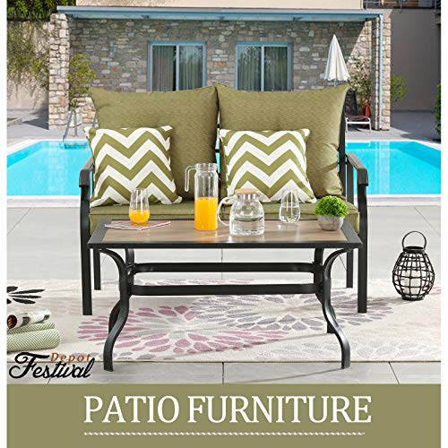 Festival Depot 2 Pieces Patio Set Loveseat with Seat Back Cushions and Pillows and Coffee Table Outdoor Furniture Metal Conversation Set for Garden Backyard Porch