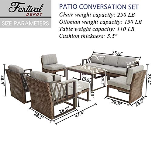 Festival Depot 10pcs Outdoor Furniture Patio Conversation Set Sectional Sofa Chairs All Weather Brown Wicker Ottoman Slatted Coffee Table with Thick Grey Seat Back Cushions, Black