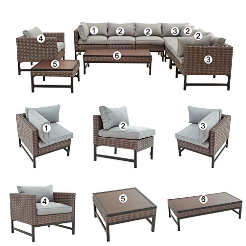 Festival Depot 10 Pieces Outdoor Furniture Patio Conversation Set Combination Sectional Corner Sofa All-Weather Wicker Metal Armchairs with Seating Back Cushions Side Coffee Table,Gray