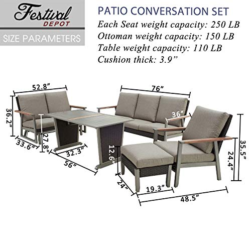 Festival Depot 5pcs Patio Conversation Set Metal Armchair Wicker Glider Loveseat All Weather Rattan 3-Seater Sofa with Grey Thick Cushions and Dining Table Outdoor Furniture for Deck Garden