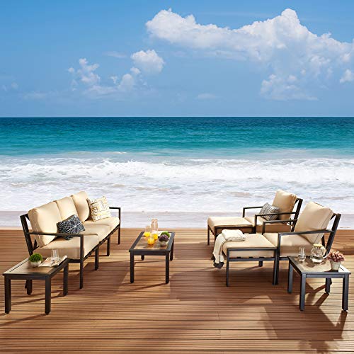 Festival Depot 10-Pieces Patio Outdoor Furniture Conversation Sets Loveseat Sectional Sofa, All-Weather Black X Slatted Back Chair with Coffee Table and Thick Removable Couch Cushions (Beige)