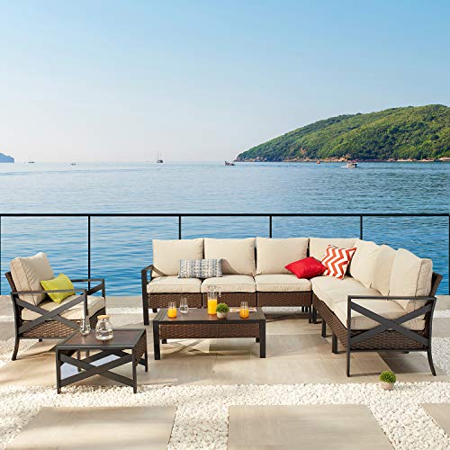 Festival Depot 10 Pcs Patio Outdoor Furniture Conversation Set Sectional Corner Sofa with All-Weather Brown PE Rattan Wicker Back Chair, Coffee Side Table and Thick Removable Couch Cushions