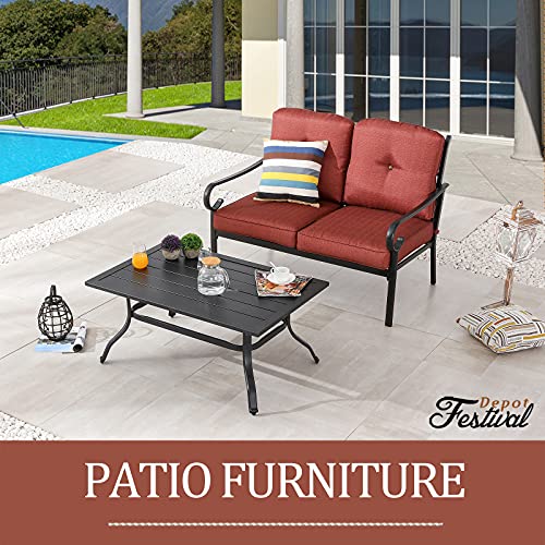 Festival Depot 2 Pieces Outdoor Furniture Patio Conversation Set Bistro Loveseat with Seat and Back Thick Cushions and Metal Coffee Table with Slatted Steel Tabletop for Backyard Porch Balcony