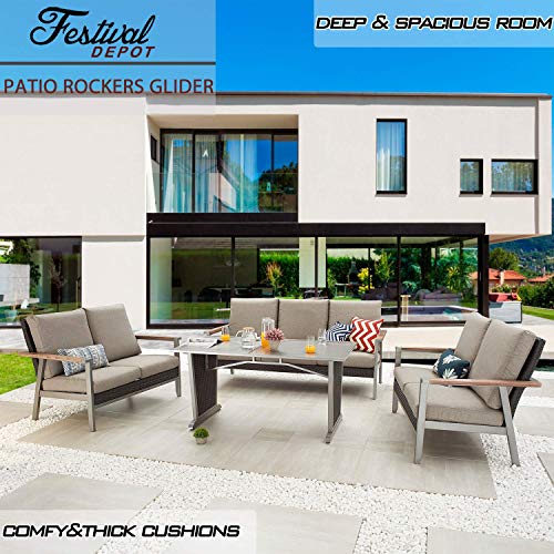 Festival Depot 3 Seats Patio Chair Rattan Wicker Bench in Metal Frame Sofa with Removable Cushions Outdoor Furniture for Lawn Garden Backyard, Dark Grey