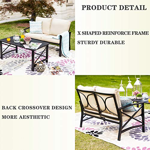 Festival Depot 2pcs Outdoor Furniture Patio Conversation Set Metal Coffee Table Loveseat Armchairs with Seat and Back Cushions Without Pillows for Lawn Beach Backyard Pool, Khaki