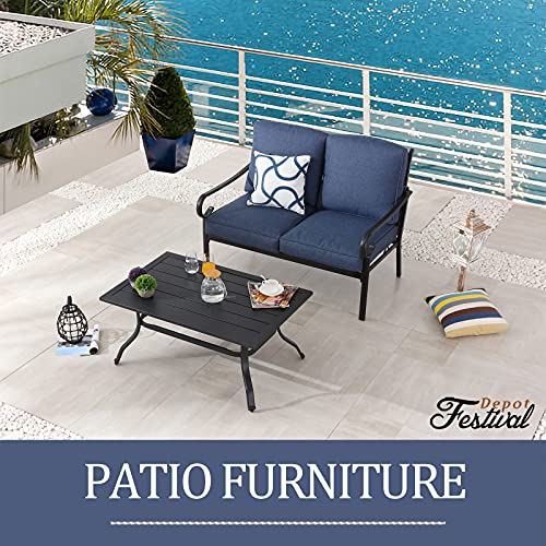 Festival Depot 2 Pieces Outdoor Furniture Patio Conversation Set Bistro Loveseat with Seat and Back Thick Cushions and Metal Coffee Table with Slatted Steel Tabletop for Backyard Porch Balcony