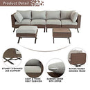 Festival Depot 6pcs Outdoor Furniture Patio Conversation Set Sectional Corner Sofa Chairs with X Shaped Metal Leg All Weather Brown Rattan Wicker Ottoman Side Coffee Table with Grey Seat Back Cushions