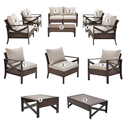 Festival Depot 9 Pcs Patio Outdoor Furniture Conversation Set Sectional Sofa with All-Weather Brown PE Rattan Wicker Back Chair, Coffee Side Table and Soft Thick Removable Couch Cushions