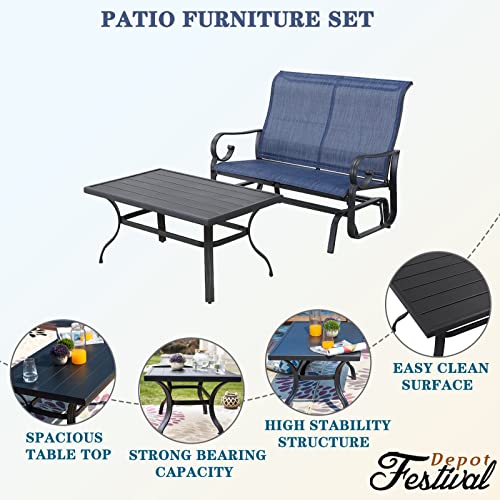 Festival Depot 2pcs Outdoor Furniture Patio Conversation Set Metal Coffee Table Loveseat Armchairs Glider with Textilene Fabric Without Pillows for Lawn Beach Backyard Pool, Blue