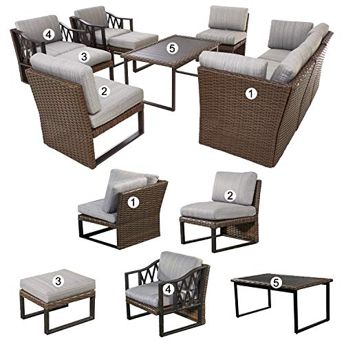 Festival Depot 10Pc Outdoor Furniture Patio Conversation Set Sectional Corner Sofa Chairs All Weather Wicker Ottoman Metal Frame Slatted Coffee Table with Thick Grey Seat Back Cushions Without Pillows