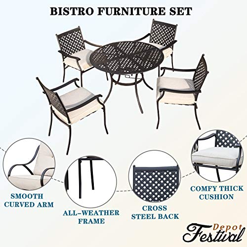 Festival Depot 5 Piece Patio Dining Set Metal Chairs with Seat Cushions and Round Iron Table with Umbrella Hole All Weather Outdoor Furniture for Bistro Deck Garden