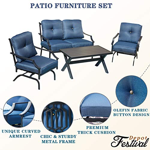 Festival Depot 3-Piece Outdoor Patio Armrest Chairs Set Garden Bistro Square Metal Table and Seating Set with Thick Cushions