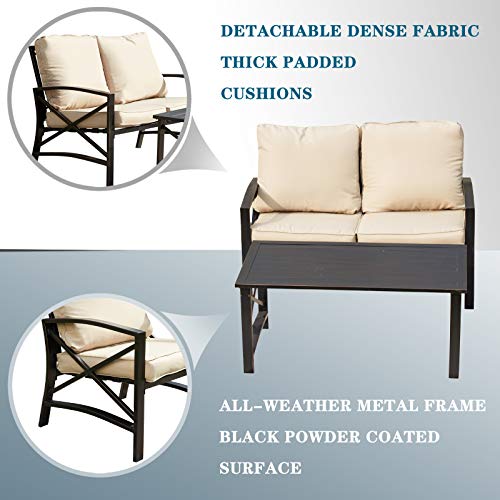 Festival Depot 2pcs Outdoor Furniture Patio Conversation Set Metal Coffee Table Loveseat Armchairs with Seat and Back Cushions Without Pillows for Lawn Beach Backyard Pool, Khaki