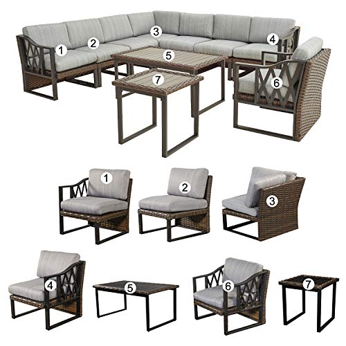 Festival Depot 10Pc Outdoor Furniture Patio Conversation Set Sectional Corner Sofa Chairs All Weather Wicker Ottoman Metal Frame Slatted Coffee Table with Thick Grey Seat Back Cushions Without Pillows