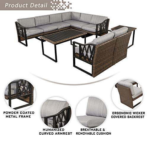 Festival Depot 10Pc Outdoor Furniture Patio Conversation Set Sectional Corner Sofa Chairs All Weather Wicker Metal Frame Rectangle Side Slatted Coffee Table with Thick Grey Seat Back Cushion No Pillow