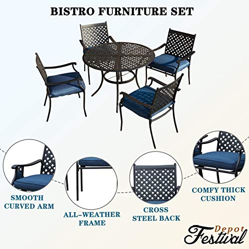 Festival Depot 5 Piece Patio Dining Set Metal Chairs with Seat Cushions and Round Iron Table with Umbrella Hole All Weather Outdoor Furniture for Bistro Deck Garden