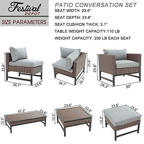 Festival Depot 12 Pieces Patio Conversation Set Outdoor Furniture Combination Sectional Sofa All-Weather Wicker Metal Chairs with Seating Back Cushions Side Coffee Table Ottoman, Gray