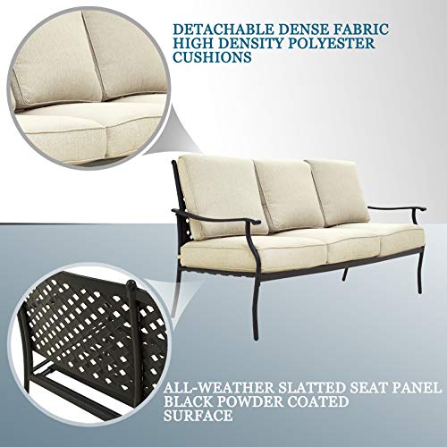 Festival Depot 6Pcs Outdoor Furniture Patio Conversation Set All Weather Black Metal Armchairs with Seat and Back Cushions, Rectangle Coffee Table for Deck Lawn Garden, Beige