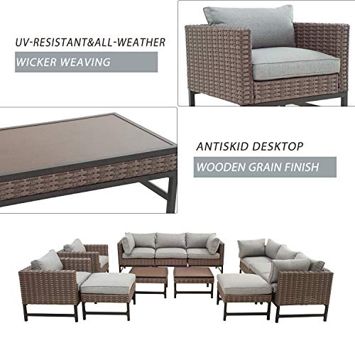 Festival Depot 12 Pieces Patio Conversation Set Outdoor Furniture Combination Sectional Corner Sofa Loveseat All-Weather Wicker Metal Chairs with Seating Back Cushions Side Coffee Table Ottoman,Gray