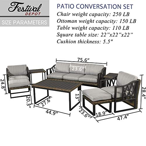 Festival Depot 10Pc Outdoor Furniture Patio Conversation Set Sectional Sofa Chairs All Weather Wicker Ottoman Metal Frame Square Slatted Coffee Table with Thick Grey Seat Back Cushions Without Pillows