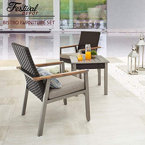 Festival Depot 3 Pieces Patio Bistro Set 2 Dining Armchairs with Seat Cushions and 1 Side Table in Metal Frame Outdoor Furniture for Balcony Garden