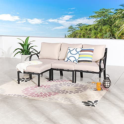Festival Depot 4 Pieces Patio Conversation Set Sectional Chair Ottoman with Thick Cushions All Weather Metal Outdoor Furniture for Deck Balcony, Beige