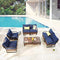 Festival Depot 7 Pieces Patio Conversation Sets Outdoor Furniture Loveseat Sectional Sofa with All-Weather PE Rattan Wicker Back Armchair, Coffee Table and Soft Removable Couch Cushions (Blue)