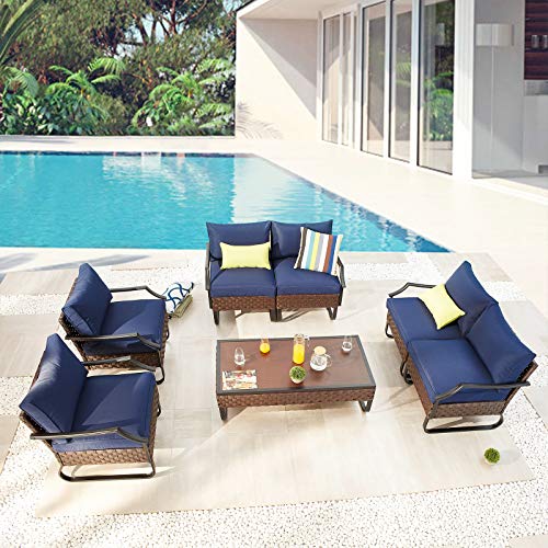 Festival Depot 7 Pieces Patio Conversation Sets Outdoor Furniture Loveseat Sectional Sofa with All-Weather PE Rattan Wicker Back Armchair, Coffee Table and Soft Removable Couch Cushions (Blue)