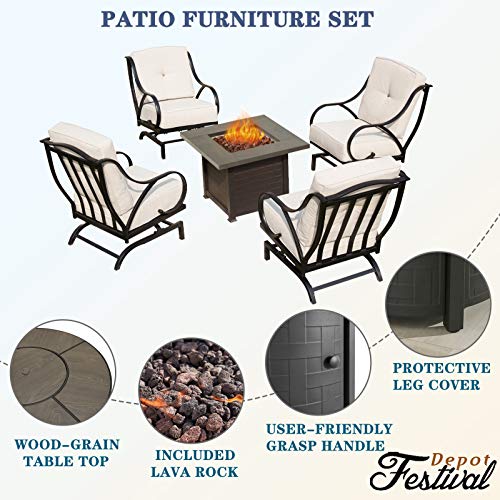 Festival Depot Patio Conversation Set Outdoor Furniture 50,000 BTU 42 Inch Propane Fire Pit Table Gas and Armrest Chair with Thick & Soft Cushions for Garden, Deck, Pool, Backyard