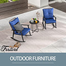 Deluxe 3 Piece Blue PE Wicker Rocking Chair Bistro Set with Cushions and Metal Coffee Table