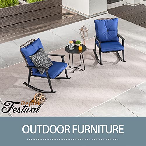 Deluxe 3 Piece Blue PE Wicker Rocking Chair Bistro Set with Cushions and Metal Coffee Table