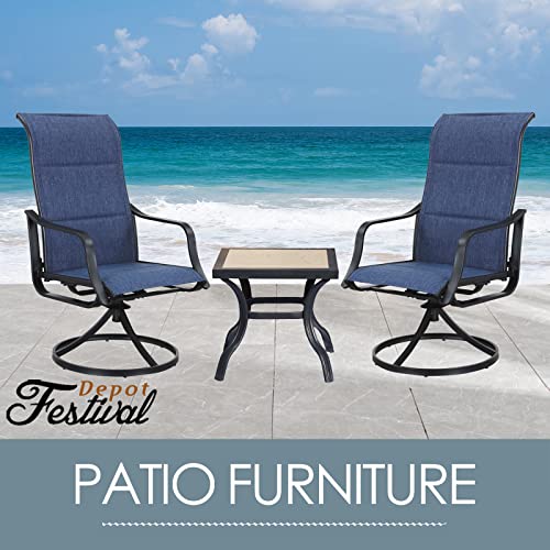 Festival Depot 3 PC Bistro Outdoor Patio Dining 360¡Swivel Chairs Set Furniture Rockers Armrest Chair Square Metal Steel Frame Coffee Table for Deck Garden Pool