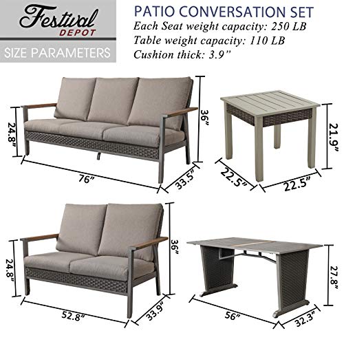 Festival Depot 6pcs Patio Conversation Set Metal Armchair Wicker 3-Seater Sofa All Weather Rattan Loveseat with Grey Thick Cushions Dining and Side Table Outdoor Furniture for Deck Poolside