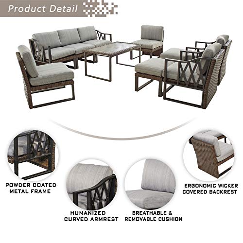 Festival Depot 10pcs Outdoor Furniture Patio Conversation Set Sectional Sofa Chairs All Weather Brown Wicker Ottoman Slatted Coffee Table with Thick Grey Seat Back Cushions, Black