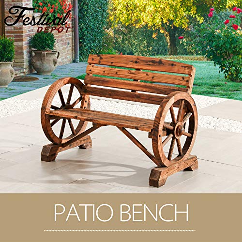 Festival Depot Wooden Wagon Wheel Bench Rustic Armrest Chair 2-Person Outdoor Patio Furniture Loveseat with Backrest, Slatted Seat for Garden Country Yard, Burnt-Finished