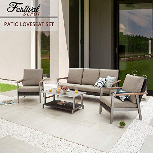 Festival Depot 4 Pieces Patio Outdoor Conversation Chairs Loveseat Set with Coffee Rectangle Table Metal Frame Furniture Garden Bistro Seating Thick Soft Cushions