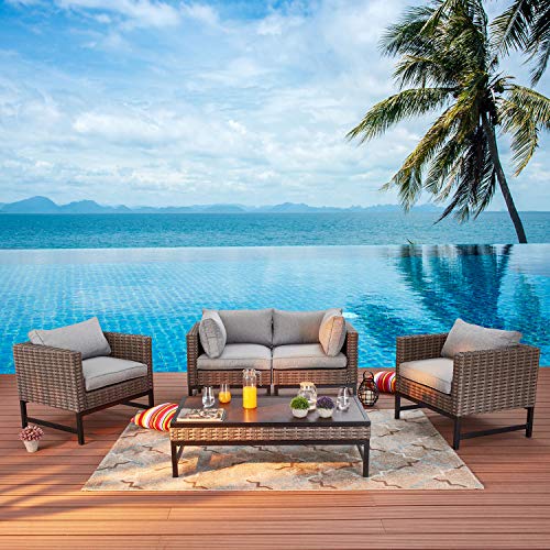 Festival Depot 5 Pieces Patio Outdoor Conversation Set Wicker Sofa Chairs with Seating Back Cushions Metal Side Coffee Table Garden (Gray)