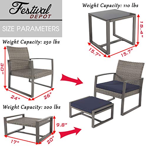 Festival Depot 5 Pieces Wicker Patio Furniture Set PE Wicker Rattan Outdoor Conversation with Cushion and Coffee Table for Deck Garden Balcony Porch (Blue)